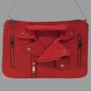 Biker Faux Leather Jacket Crossbody Bag, Detachable Gold Chain, Zippers, Red